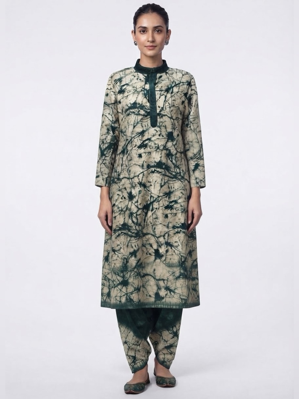 Dark Green Mixed Printed Kurta with Collar Design and Patiala Set